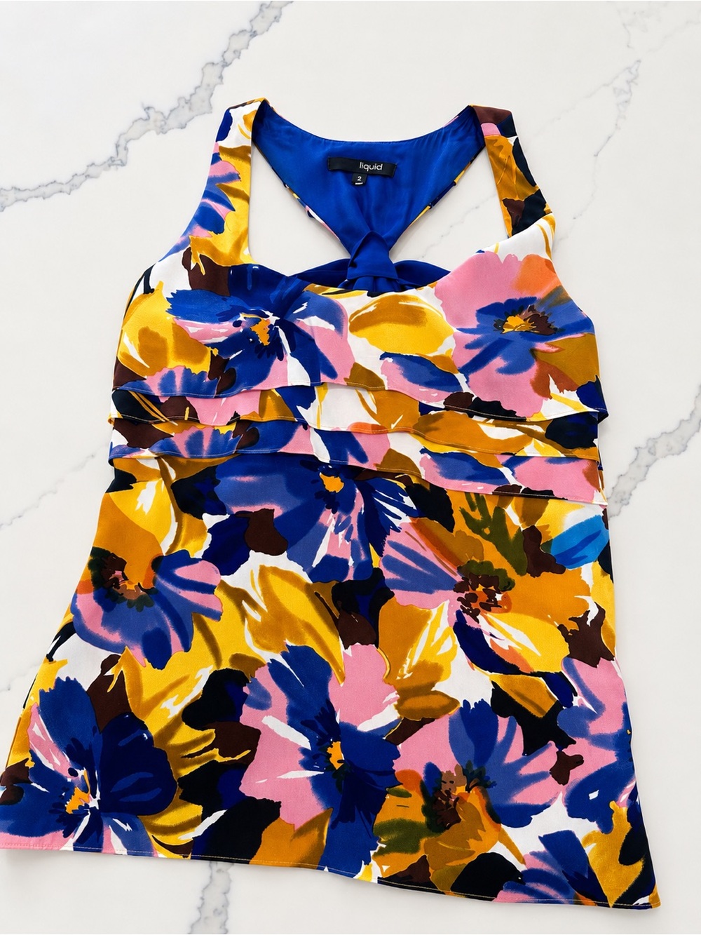 Liquid Blue Floral Racerback top with Pink & Yellow Accents
